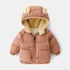 Jaquetas 2024 garotas meninas coreanas outono de inverno Down Jacket remendo lã de ouvido quente parka puckets grossos com zíper para crianças casaco