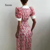 Basic Casual Dresses Summer Ladies Elegante knop Slit Lange rok V-hals Floral Fashion Retro Puff Sleeve Dress Sexy Print Beach Jurk 240419