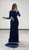 Parti Elbiseleri Seksi lacivert gece elbise Arap o yaka boncuklu uzun kollu balo elbisesi resmi durum kadife denizkızı düğünü