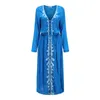 Casual Dresses 2024 Bohemian Spring Blue Holiday Maxi Dress Vintage Women Sexig Deep V Neck Embroidery Flower Split Elastic Midje Long Robe