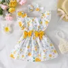 Flickas klänningar klänning för barn nyfödda 3 - 24 månaders födelsedag fjäril ärm söt gul blommig prinsessa formella klänningar ootd för baby flicka d240423