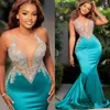 2024 ASO EBI Hunter Green Mermaid Prom Kleider Perlen Kristalle Satin Abend formelle Party Zweiter Empfangsgeburtstag Verlobungskleider Kleid Robe de Soiree ZJ742