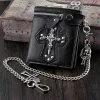 Wallets Norbinus Mens Gothic Cross Clasp Leather Wallet with Antique Biker Chain Black Coin Purse Punk Rock Skulls Card Holder Money Bag