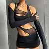 Casual Dresses Sexy Mesh Stitching Asymmetric Hollow Jumpsuit kjol Cut Out Out