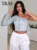 Traf Womens Asymmetrical Tops Denim One Shoulder Long Sleeve Pockets SingleBreasted Female Fashion Summer Crop 240407