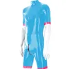 Herr shorts män kort ärm hög nacke play dräkt öppen blixtlås crotch bodysuit faux läder pvc catsuit tight spandex stretch jumpsuit anpassad