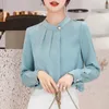 Frauenblusen gekräuselt elegante schicke Stand Collar Office Dame Hemd koreanische Mode solide Langarmgeschäft Casual Top Bluse Frauen E739