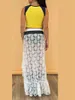 Skirts Women S Summer Lace Long Skirt Elastic Waist Asymmetrical Hem Ruffled Midi Sexy See-Through Beach Floral Maxi
