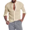 Pamuk keten erkek uzun kollu gömlek yaz düz renk stand-up yaka gündelik plaj stili artı 240418