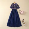 Summer Blue Floral Embroidery Tulle Dress Short Sleeve Round Neck Panelled Long Maxi Casual Dresses S4F210221