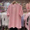 Women's T Shirts Pink Striped Diamond T-shirt Short Sleeve 2024 Summer Fashion Round Neck Cartoon Heavy Mid-Length Large Version Slim Top