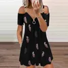 Feather Printed Short Sleeve Women Dress Vneck Strap Open Back dragkedja för mode plus -klänningar 240412