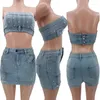 Abiti da lavoro Sexy Pearl Denim Set da 2 pezzi da donna Outfit Festival abbigliamento abbottoni Top senza spalline e Mini Skirt Party Club Matching