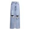 Womens fashion distressed high waisted wide leg pants casual denim pants