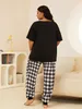 Kvinnors sömn lounge plus size womens pajamas set scew nacke plaid kärlek tryck sommar korta ärmar sömnkläder dragskon lång btoom nattkläder kläder d240419