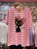 Women's T Shirts Pink Striped Diamond T-shirt Short Sleeve 2024 Summer Fashion Round Neck Cartoon Heavy Mid-Length Large Version Slim Top