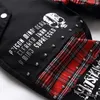 Mens Scotland Red Plaid Tartan Patchwork Jeans Punk Rivet Patch Black Denim Pantalon Skull Lettres imprimées Slim Straight Tablers 240415