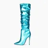 Boots Blue Knee High pour les femmes plissées de talons fins printemps