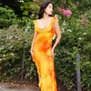 Casual jurken boofeenaaa sexy ruches backless split lang voor vrouwen elegante paarse oranje bloemenjurk vakantiefeest outfits c83-cf28