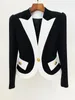 Women's Suits 2024 Designer Black Short Jacket Women Color Block Single Gold Button Slim Fit Blazer Outfits Coats Collection