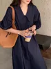 Casual Dresses Korean Chic Loose Vintage Navy Blue Long Shirt Dress Turndown Neck Maxi Women 2024 Autumn Clothes Streetwear (MG6092