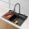 Sänker Intelligent Waterfall Kitchen Sink Multifunktionellt 304 Rostfritt stål Stort Single Slot Integrated Digital Waterfall Facet