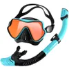 Snorkel Mask Set Silicone Swimming Goggles Diving Training Kit Dry Top Colorful Len Wide View Tempered Glass Anti-Leak Adults 240410