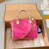 Women Designer Mini Pillow Bag Handbag Glossy Patent Leather Embossed Pattern Top Handle Gold Metal Chain with Flower Charm Lovely Zipper Shoulder Cross Tote Purse