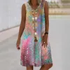 Podstawowe sukienki swobodne kolorowe nieregularne drukowane sukienki dla kobiet bez rękawów kamizelki na szyi luźne sukienki letnie odzież 240419