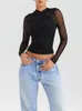 Mozision Sheer Mesh Long Sleeve Sexy T-shirt Women Autumn V Neck Zipper Layered Skinny Club Party Sexy Tops 240419