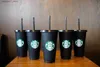 Mugs 24oz/710ml Plastic Tumbler Reusable Black Drinking Flat Bottom Cup Pillar Shape Lid Straw MugQ240419