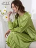 Kvinnors sömnkläder 19 Momme Natural Silk Nightgown Women Sweet Green Princess Nightdress Nightwears For Ladies S5907