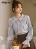 Women's Blouses MISHOW Blue Stripe Shirt 2024 Spring Fashion French Retro Bubble Sleeves Doll Neck Loose Tops Office Lady MXD12C0163