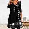 Robes décontractées plaid épissé pour les femmes mode automne printemps femelle bouton vintage bouton long manche en V en vil volutive robe