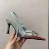 Metallisk spänne dekoration slingbacks pumpar spetsiga tår elastiska band remmar stilett klack sandaler kvinnor lyx designer lapptäcke denim skor kontor party skor