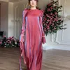 Casual Dresses 2024 Elegant O-hals Sparkling Glazed Satin Dress Women Sexig snörning Bälte Long Party Autumn Sleeve Muslim Maxi