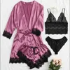 Women's Sleep Lounge Woman Sleepwear 4pcs Floral Lace Trim Satin Pajamas Set with Robe Sexy Faux Silk Pijamas Robe Sets Casual Home Clothes Nightwear d240419