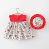 Kız Elbiseleri 2 Parça Set Yaz Toddler Kızlar için Kore Moda Çiçekleri Kilsiz Beach Prenses Elbise+Şapka Bebek Giysileri Kıyafet BC140 D240423