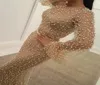 2017 Sheer Neck Sheath Evening Dresses Jewel Neckline Long Flare Sleeves Sweep Train Pearls Sewed Sexy Illusion Bodice Prom Gowns4476176