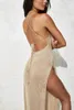 Kintted Cover Up Beach Sexy See Through Maxi Slit BodyCon Summer Dress Bikinis Cover-up Elegant Halter Beachdress