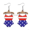 Dangle Chandelier Earrings Usa Independence Day For Women Heart Shape Star Stripes Flag Printing Wooden Pendant Drop Party Jewelry Dhctj