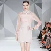 Casual Dresses Runway Sweet Lace Splice Tweed Pink Dress Women Sexy See Through Embroidery High Waist A-Line Princess Party Mini Spring