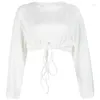 女性用Tシャツストライプコットンホワイトショートドローストリングストラップミッドレフィーベアリングスウェットシャツファッションインシングスプリングと秋のソリッドカラー