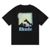 Rhude T-Shirt High Street Style Siyah Barış Güvercin Baskı Çift İplik Pamuk Günlük Kısa Kollu T-Shirt Erkek Kadınlar Kısa Kollu