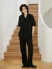 Kvinnors blusar umi mao nisch yamamoto mörk topp design kinesisk stil spänne lutande skrap lapel kortärmad draperad skjorta femme