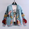 2024 NEW Womens sweater new wool knit sweater womens V-neck mid-long coat striped buckle art sweater simple multi-purpose luxury womens wear cartoon sweater