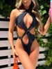 Dames badmode 2024 sexy high gesneden halter vrouwelijk vrouwelijk één stuk zwempak vrouwen crossbandage monokini bather badpak zwem bodysuit