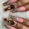 Valse nagels 24 stks lange kist valse nagels met lijm gele slang strass ontwerpen draagbare ballet press op nagels volledige dekking nep nagels tips y240419