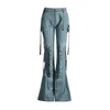 Jeans femminile kbq flare catena giunta per donne tasche a vita alta taspa tunica tunica in denim pantaloni da pavimento