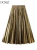 UCXQ Solid Color High Waist Metallic Shiny Silk Organ Skirt Gold Sliver Pleated Half Skirts For Women 2024 Spring Autumn 23A7002 240407